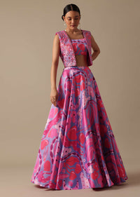 Pink Printed Lehenga Set With Mirror Work Jacket