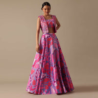 Pink Printed Lehenga Set With Mirror Work Jacket