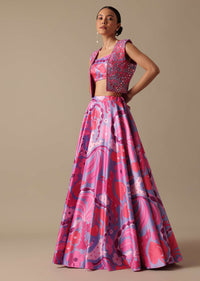 Pink Printed Lehenga Set With Mirror Work Jacket