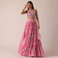 Pink Printed Lehenga Set With Ruffle Dupatta