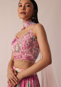 Pink Printed Lehenga Set With Ruffle Dupatta