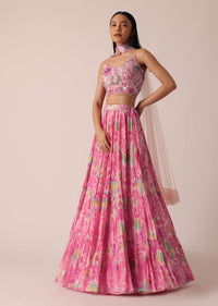 Pink Printed Lehenga Set With Ruffle Dupatta