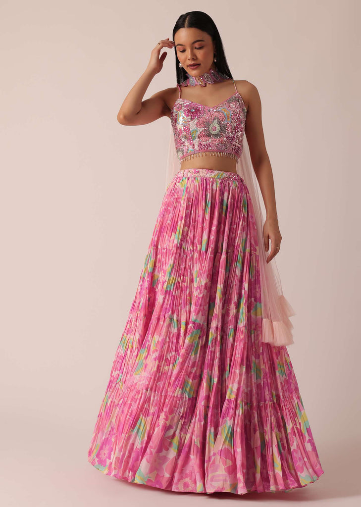 Pink Printed Lehenga Set With Ruffle Dupatta