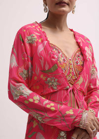 Pink Printed Palazzo Set With Jacket