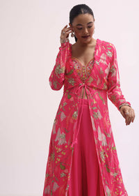 Pink Printed Palazzo Set With Jacket