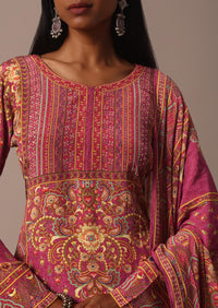 Pink Printed Palazzo Set With Stone And Sequin Work Kurta