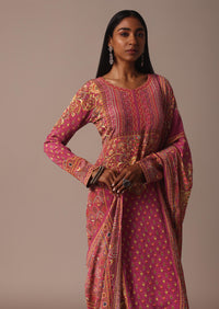 Pink Printed Palazzo Set With Stone And Sequin Work Kurta