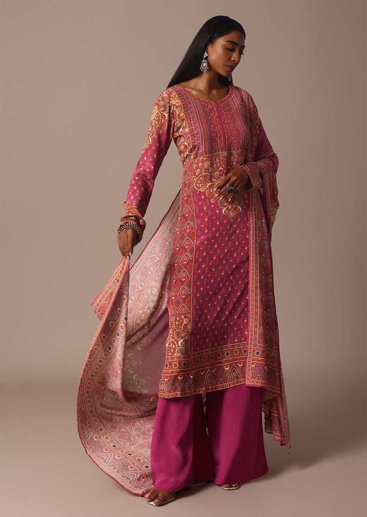 Pink Printed Palazzo Set With Stone And Sequin Work Kurta