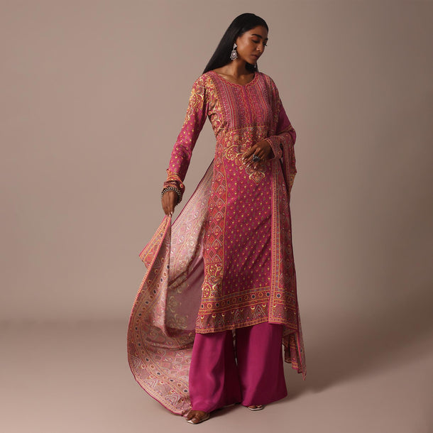 Pink Printed Palazzo Set With Stone And Sequin Work Kurta