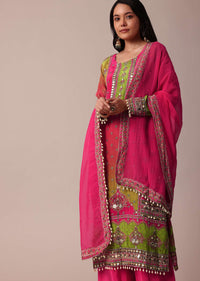 Pink Printed Palazzo Set With Zari Work Kurta