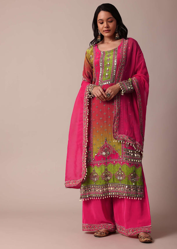 Pink Printed Palazzo Set With Zari Work Kurta