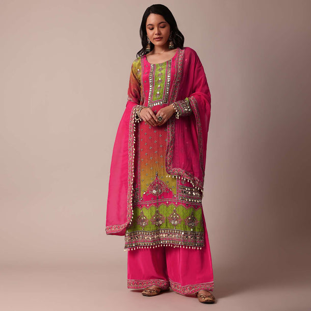 Pink Printed Palazzo Set With Zari Work Kurta