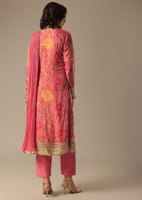 Pink Printed Pant Set With Zari Work Kurta