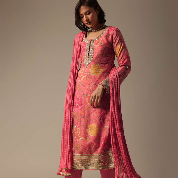 Pink Printed Pant Set With Zari Work Kurta