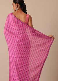 Pink Printed Saree With Mirror Work Border And Unstitched Blouse Fabric