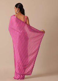 Pink Printed Saree With Mirror Work Border And Unstitched Blouse Fabric