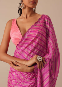 Pink Printed Saree With Mirror Work Border And Unstitched Blouse Fabric