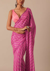 Pink Printed Saree With Mirror Work Border And Unstitched Blouse Fabric