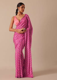Pink Printed Saree With Mirror Work Border And Unstitched Blouse Fabric