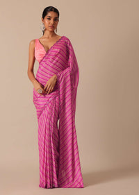 Pink Printed Saree With Mirror Work Border And Unstitched Blouse Fabric