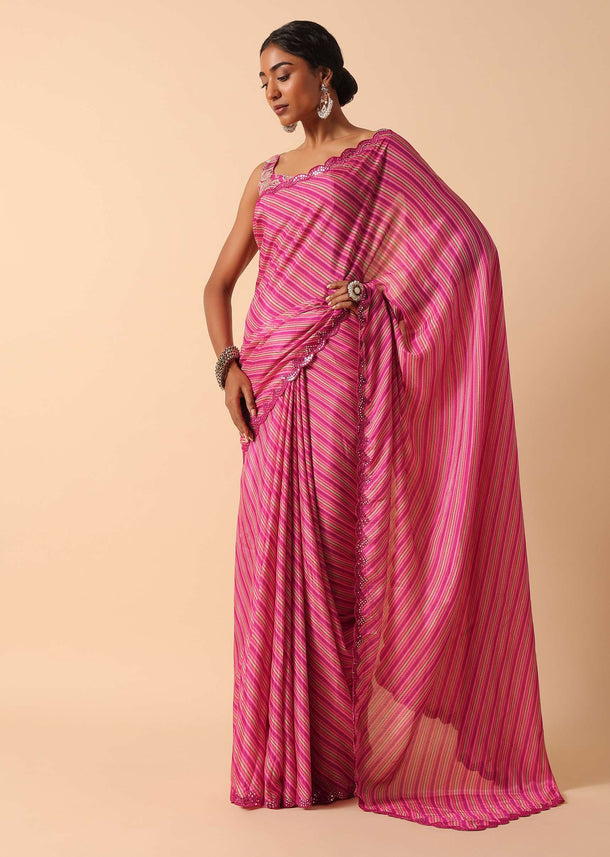 Pink Printed Saree With Mirror Work Border And Unstitched Blouse Fabric