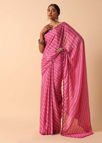 Pink Printed Saree With Mirror Work Border And Unstitched Blouse Fabric