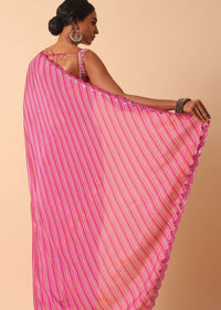 Pink Printed Saree With Mirror Work Border And Unstitched Blouse Fabric