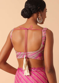 Pink Printed Saree With Mirror Work Border And Unstitched Blouse Fabric