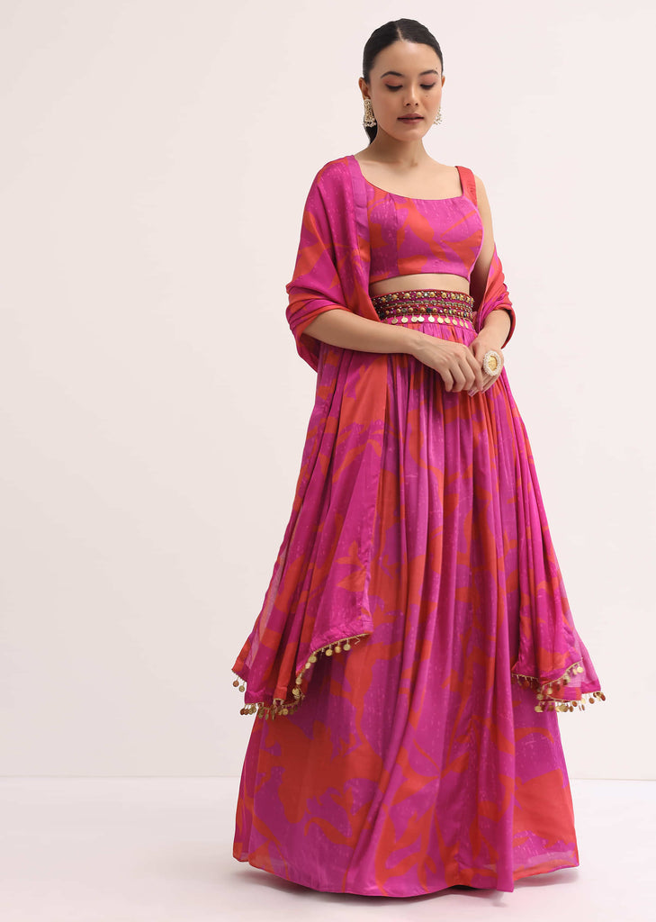 Pink Printed Satin Lehenga Choli Set