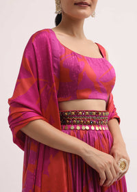 Pink Printed Satin Lehenga Choli Set