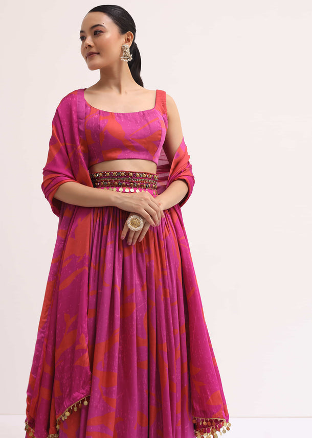 Pink Printed Satin Lehenga Choli Set