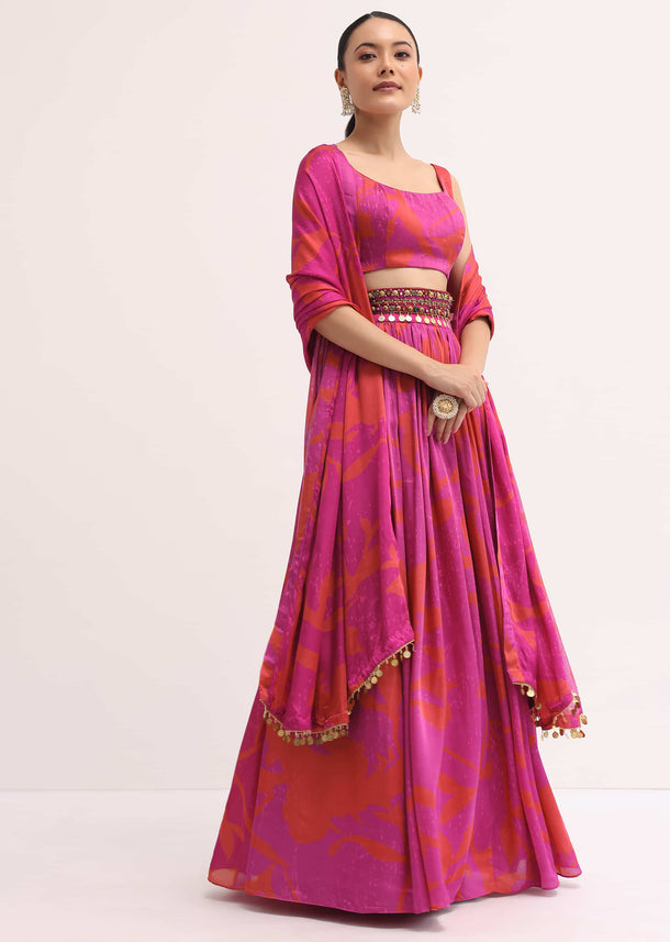 Pink Printed Satin Lehenga Choli Set