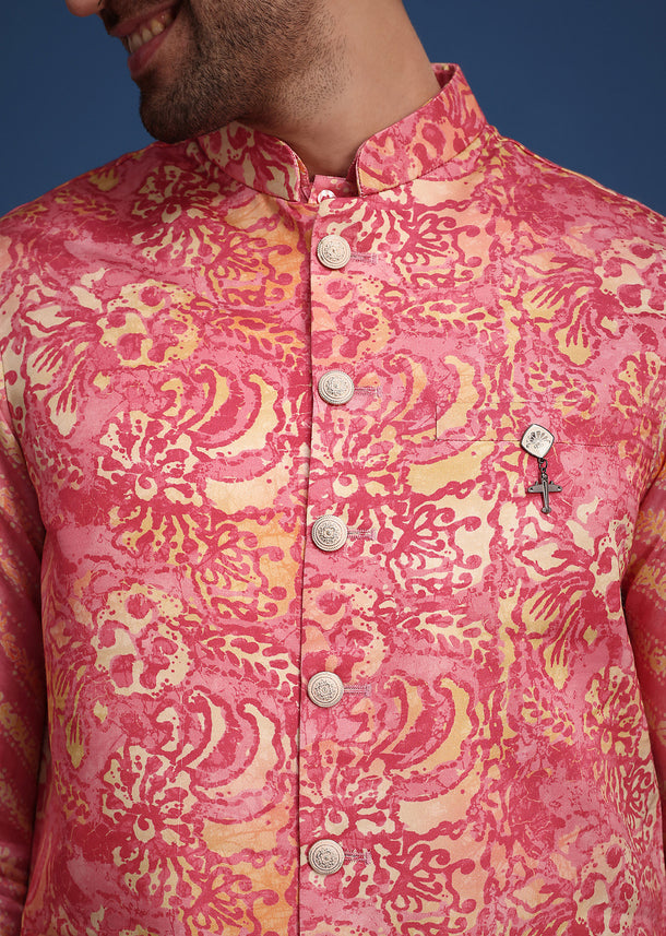 Pink Printed Silk Kurta Jacket Set