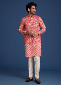 Pink Printed Silk Kurta Jacket Set