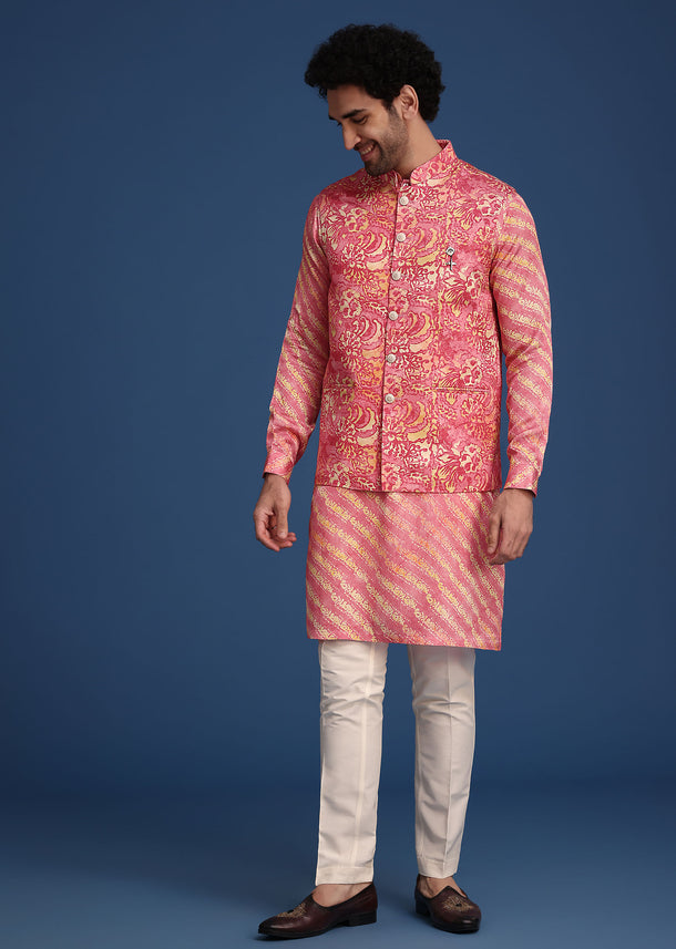 Pink Printed Silk Kurta Jacket Set