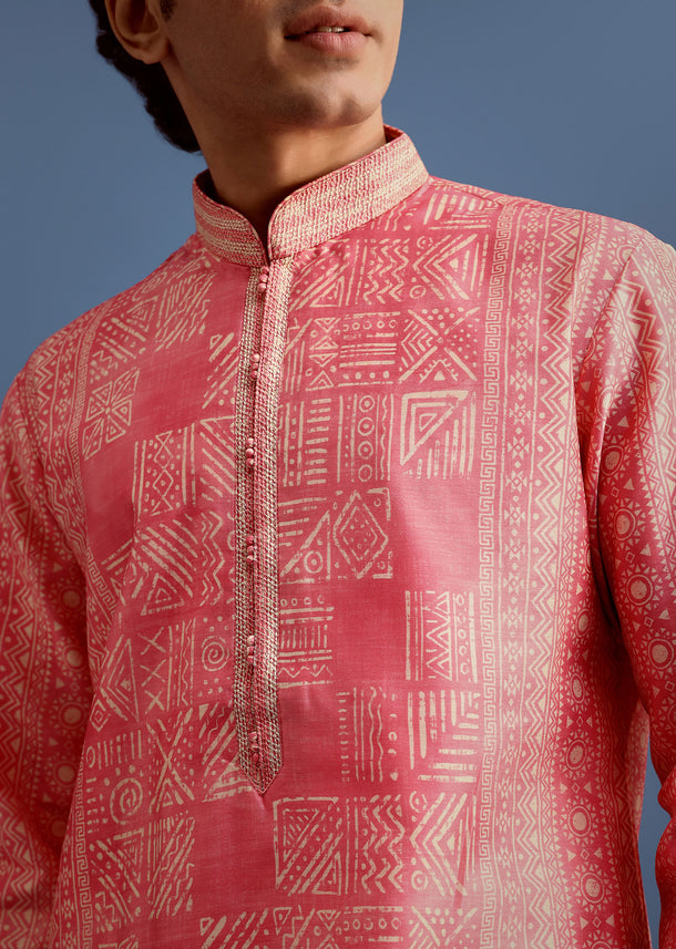Pink Silk Printed Kurta Set With Mandarin Collar