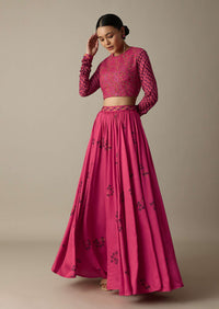 Pink Printed Silk Skirt With Embroidered High-Neck Crop Top