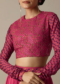 Pink Printed Silk Skirt With Embroidered High-Neck Crop Top