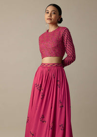 Pink Printed Silk Skirt With Embroidered High-Neck Crop Top