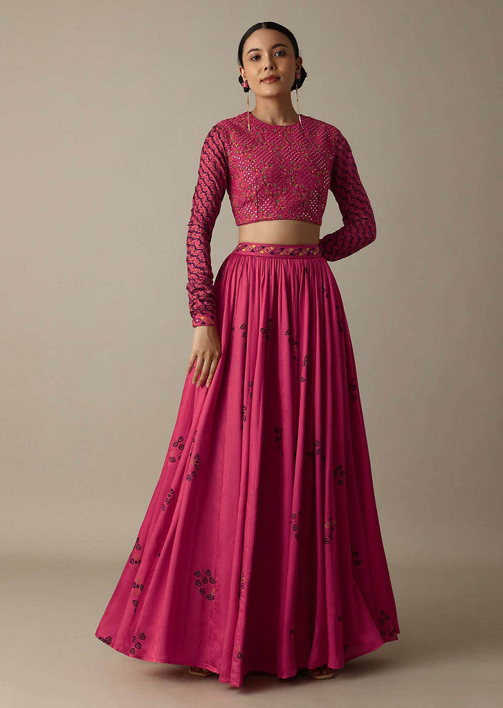 Pink Printed Silk Skirt With Embroidered High-Neck Crop Top