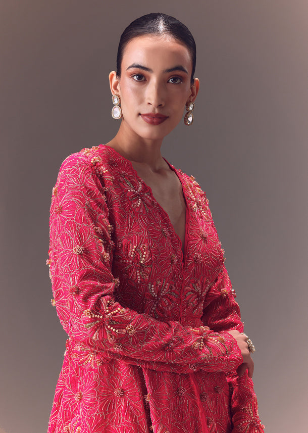 Pink Raw Silk Peplum With Double Circular Palazzo Pants