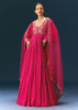 Pink Raw Silk Thread Embroidered Anarkali With Balloon Sleeves And Embroidered Dupatta