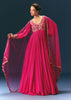 Pink Raw Silk Thread Embroidered Anarkali With Balloon Sleeves And Embroidered Dupatta