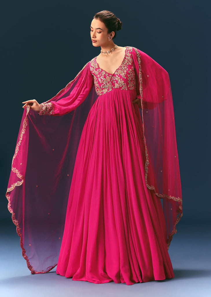 Pink Raw Silk Thread Embroidered Anarkali With Balloon Sleeves And Embroidered Dupatta