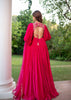 Pink Raw Silk Thread Embroidered Anarkali With Balloon Sleeves And Embroidered Dupatta