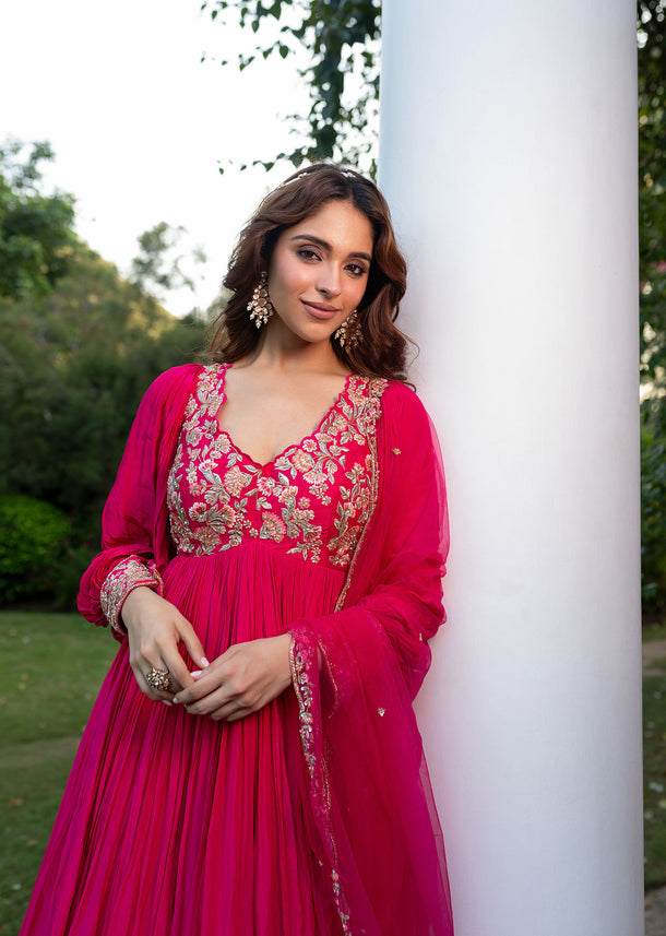 Pink Raw Silk Thread Embroidered Anarkali With Balloon Sleeves And Embroidered Dupatta