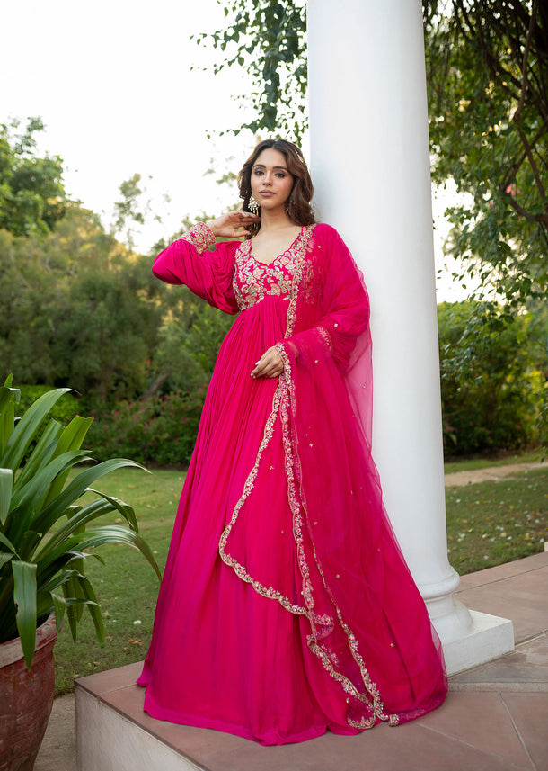 Pink Raw Silk Thread Embroidered Anarkali With Balloon Sleeves And Embroidered Dupatta