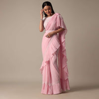 Pink Ready Pleated Frill Saree With Heavy Bead Work Blouse