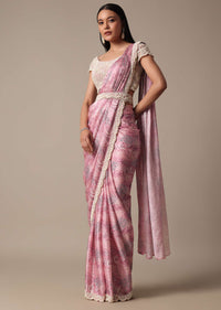 Pink Ready Pleated Muslin Saree With Embellished Blouse