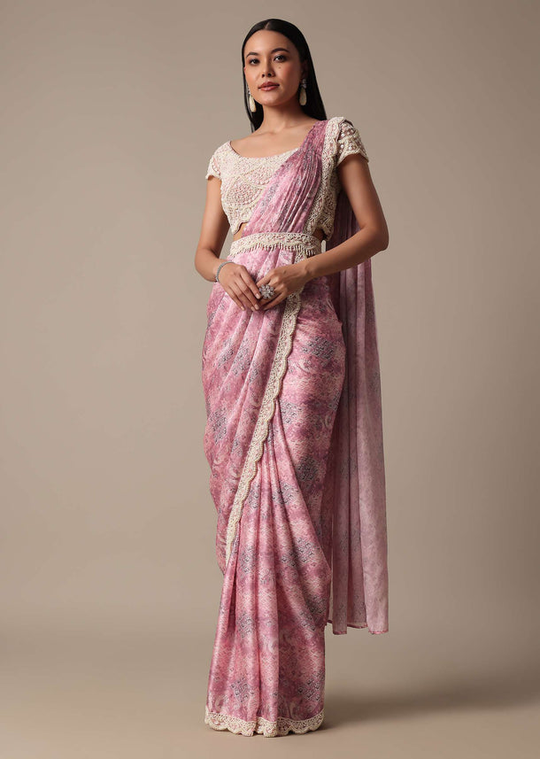 Pink Ready Pleated Muslin Saree With Embellished Blouse